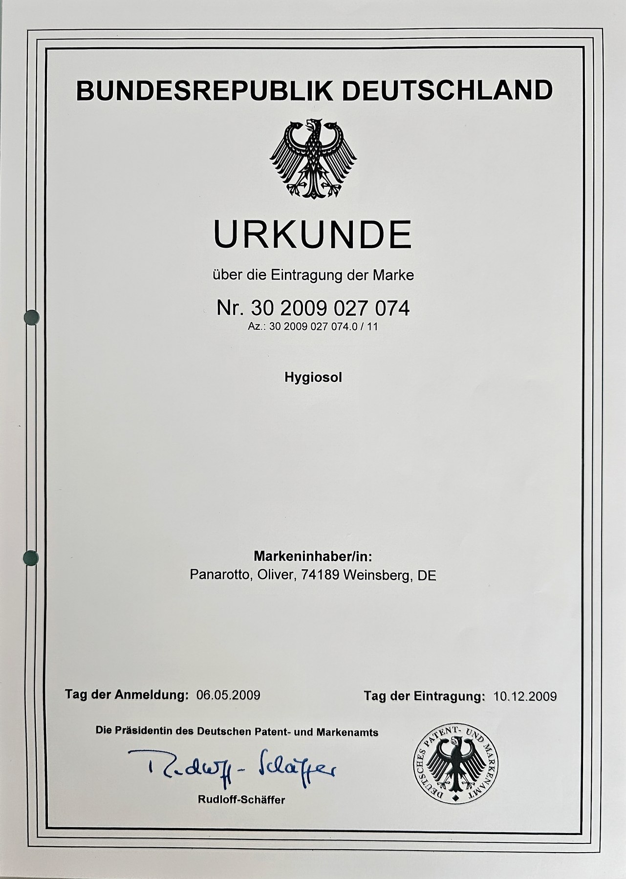 DPMA-Markenurkunde: Hygiosol