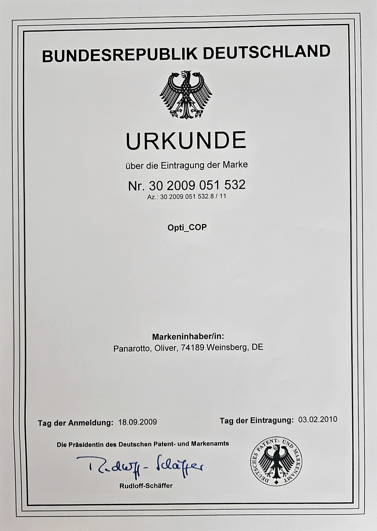 DPMA-Markenurkunde: Opti_COP