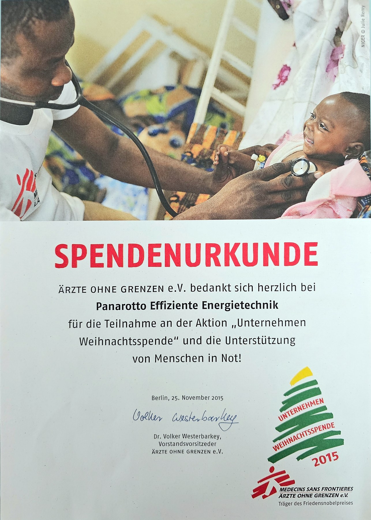 Spendenurkunde Ärzte ohne Grenzen 2015