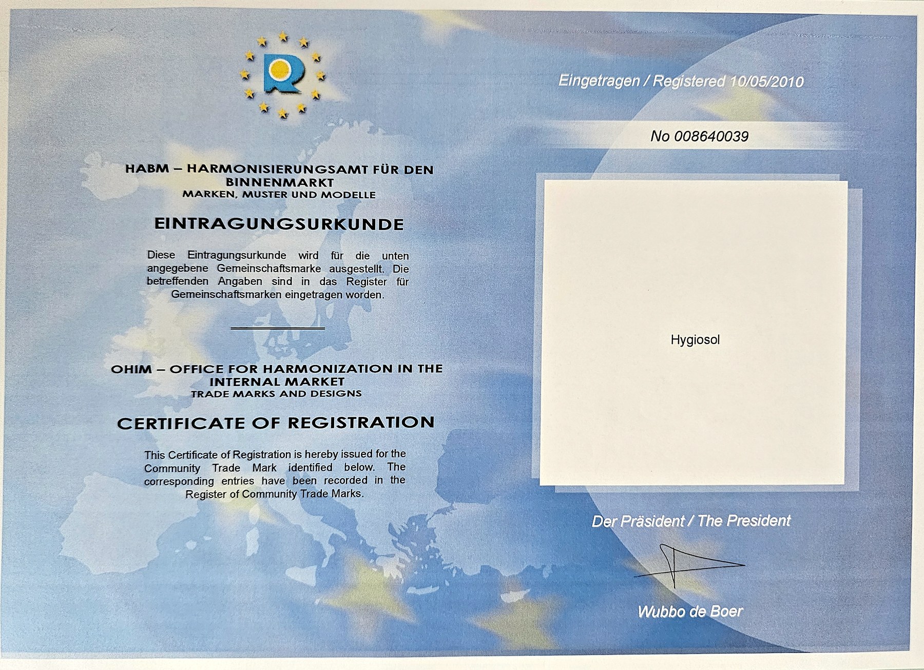 EU-Markenurkunde: Hygiosol