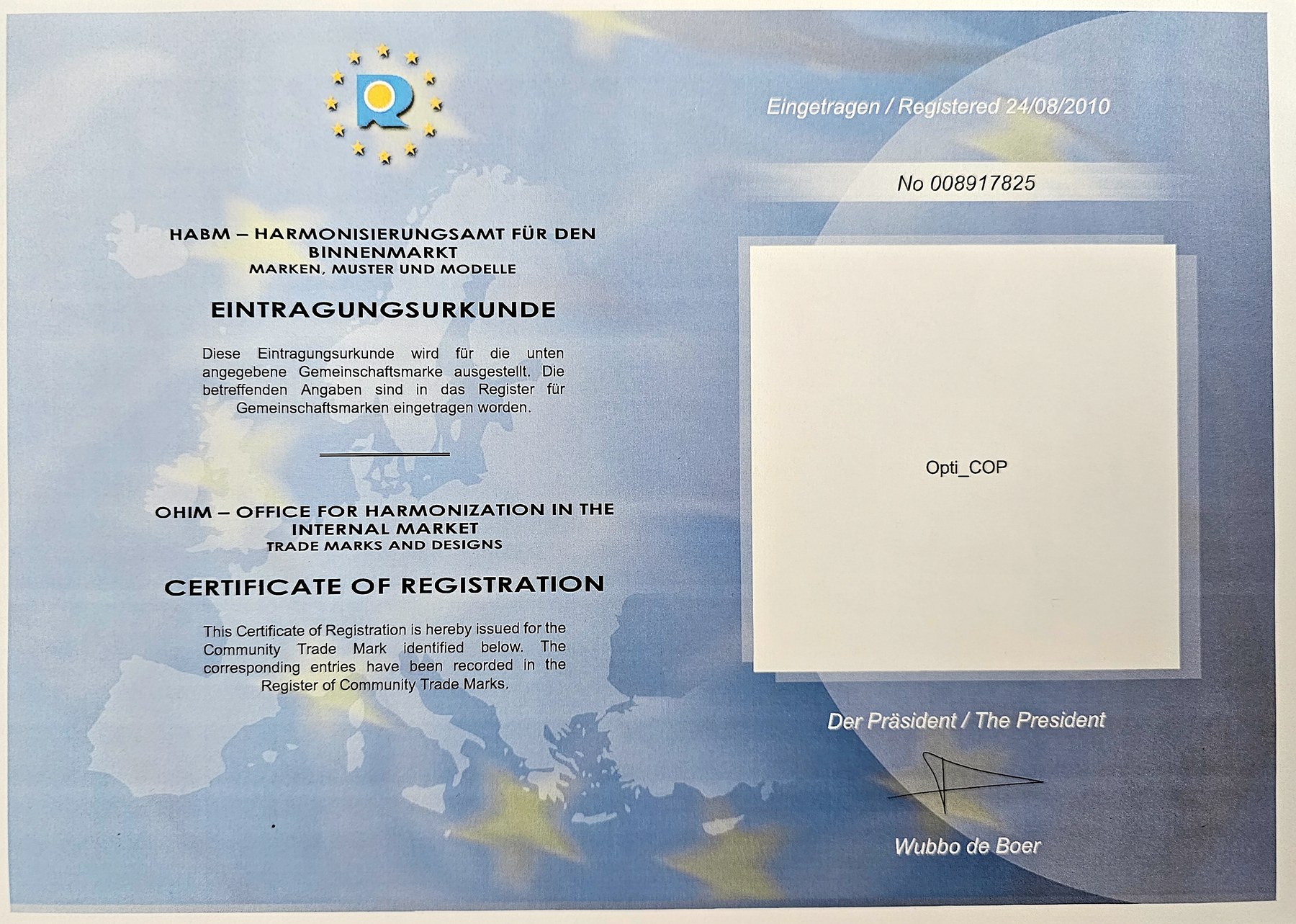 EU-Markenurkunde: OptiCOP