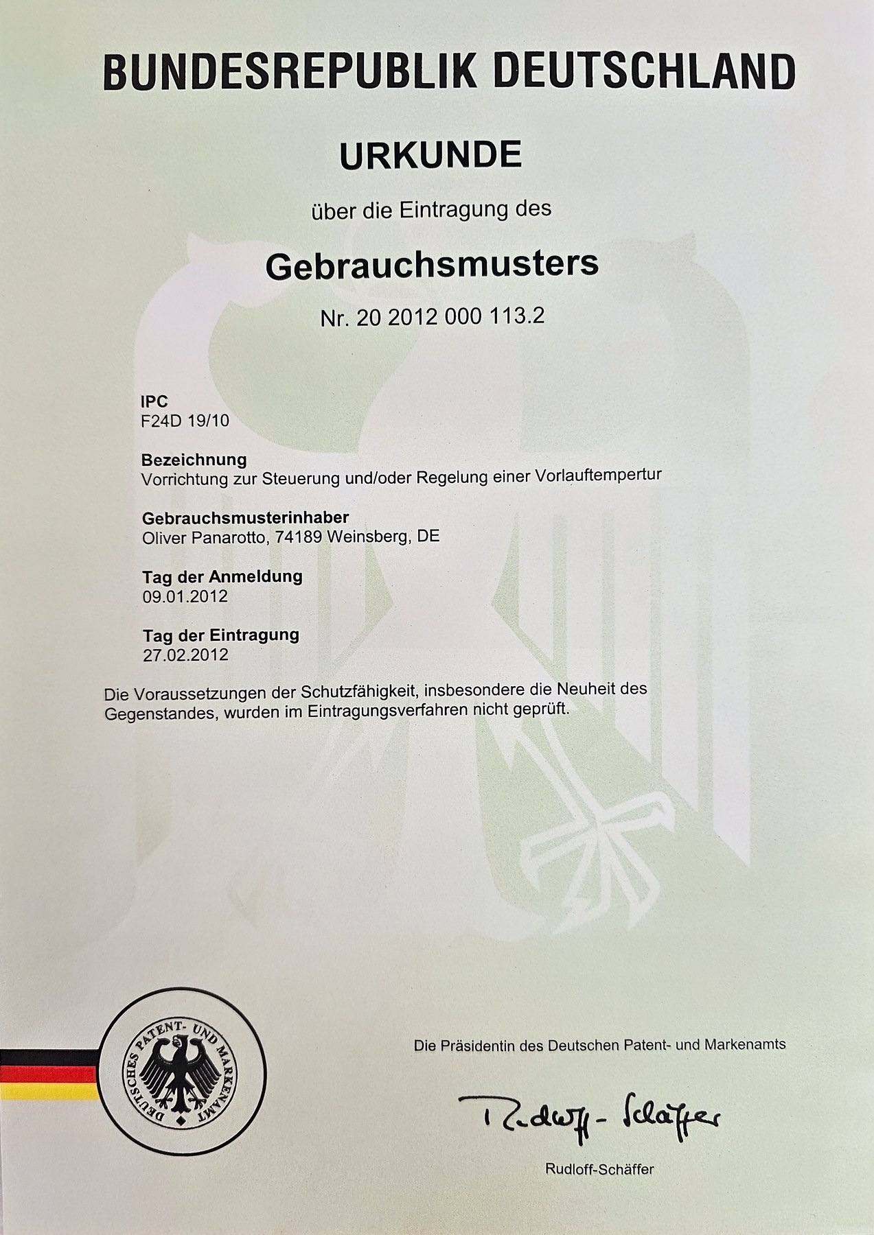 Gebrauchsmuster: Vorrichtung zur Steuerung und/oder Regelung einer Vorlauftemperatur