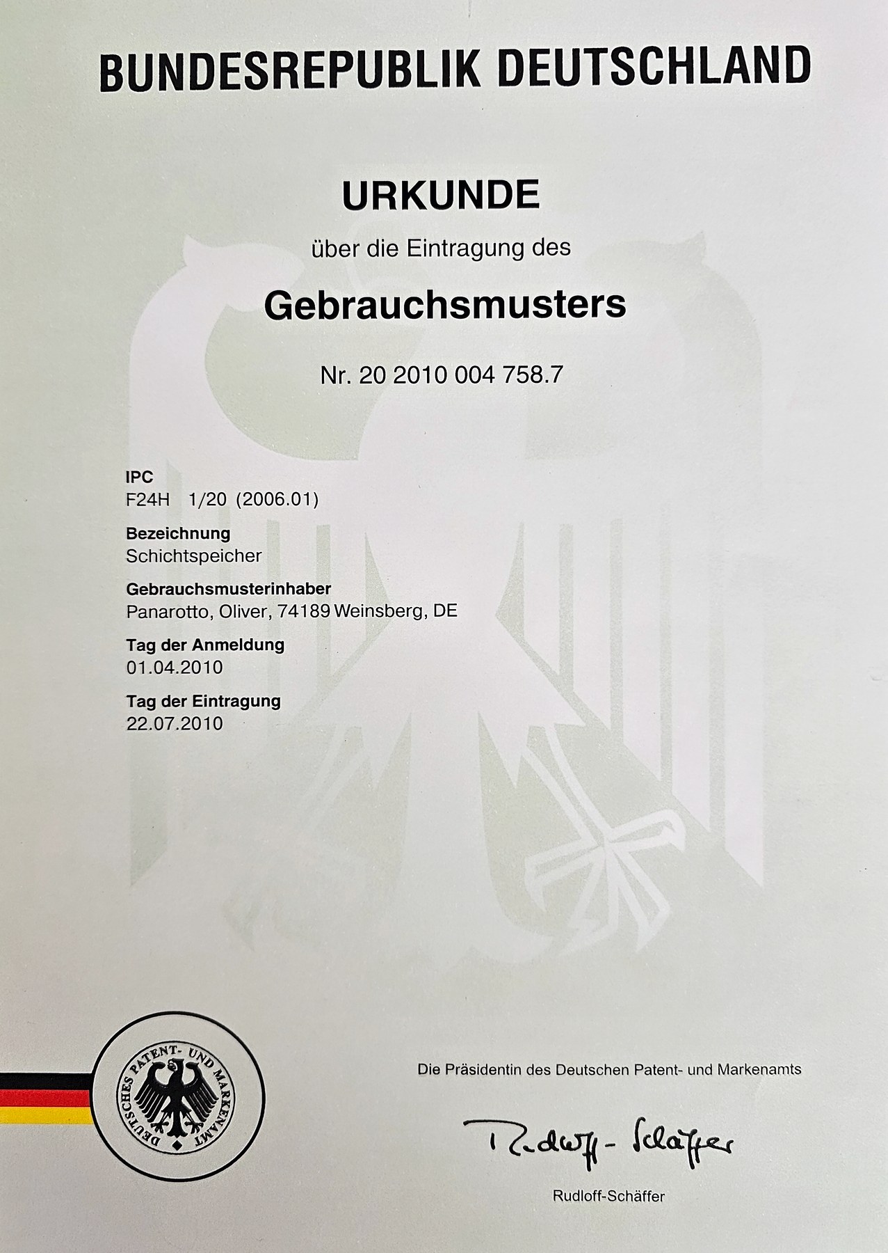 Gebrauchsmuster: Schichtspeicher 2010