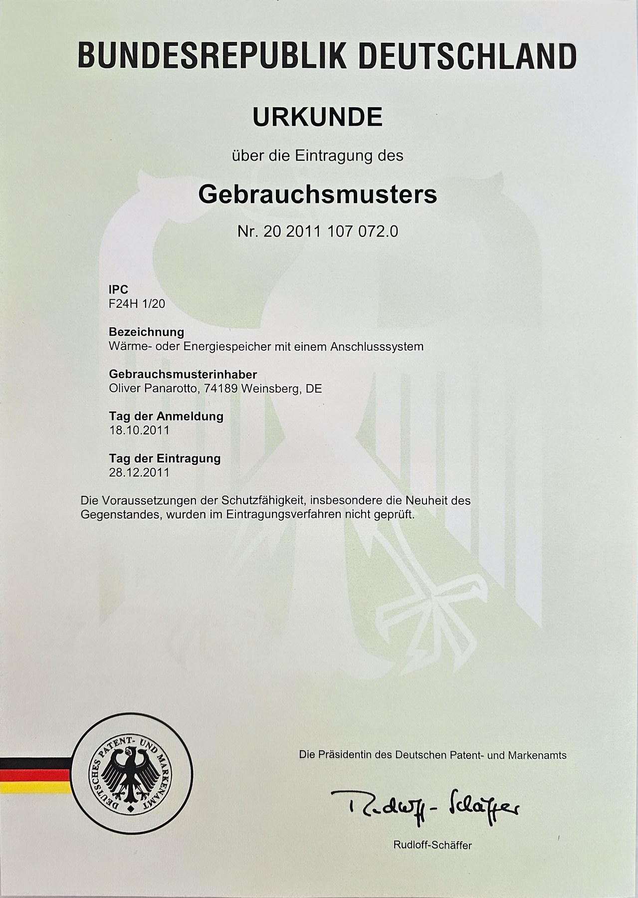 Gebrauchsmuster: Wärme- oder Energiespeicher mit Anschlusssystem