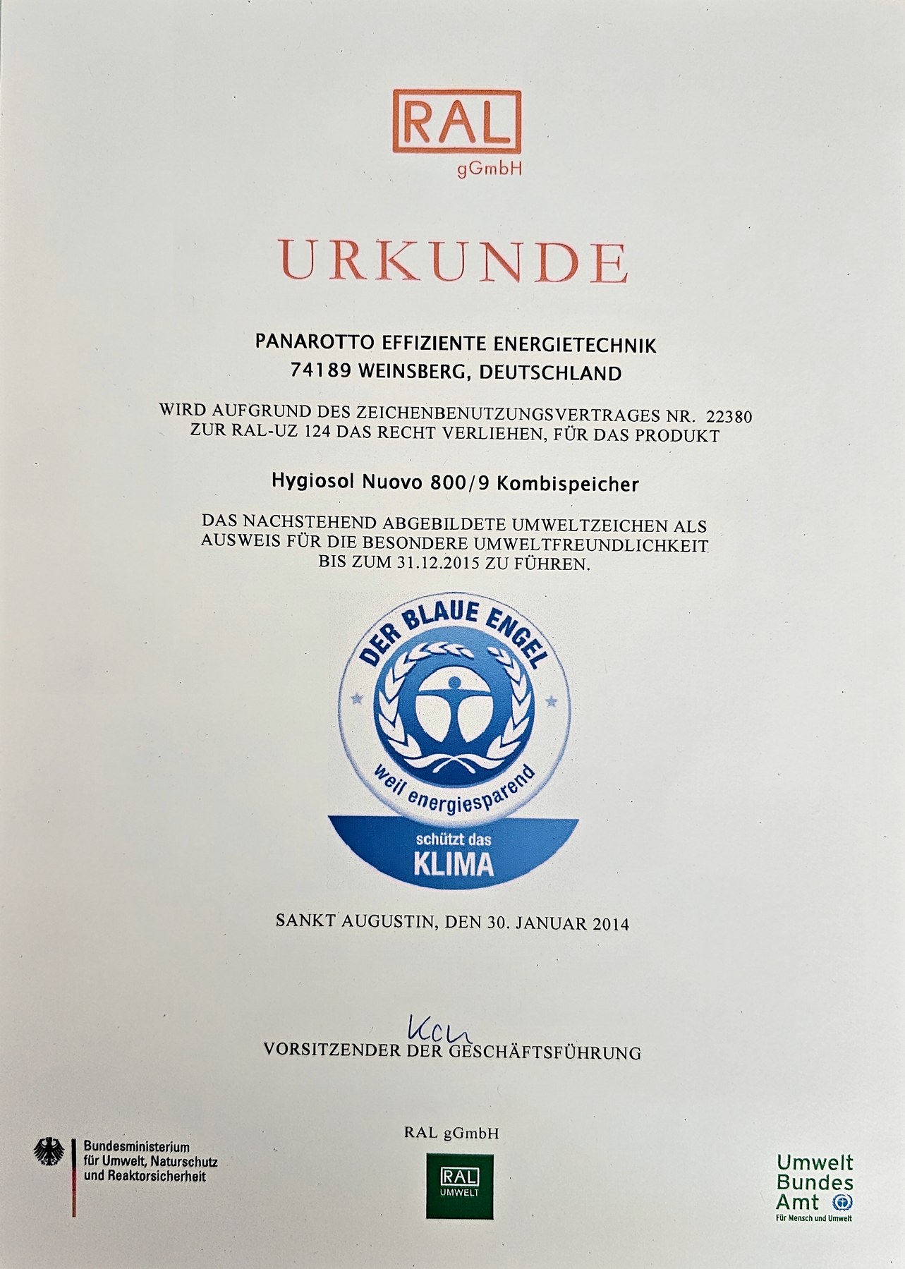 RAL-Urkunde / Blauer Engel für Hygiosol Kombispeicher
