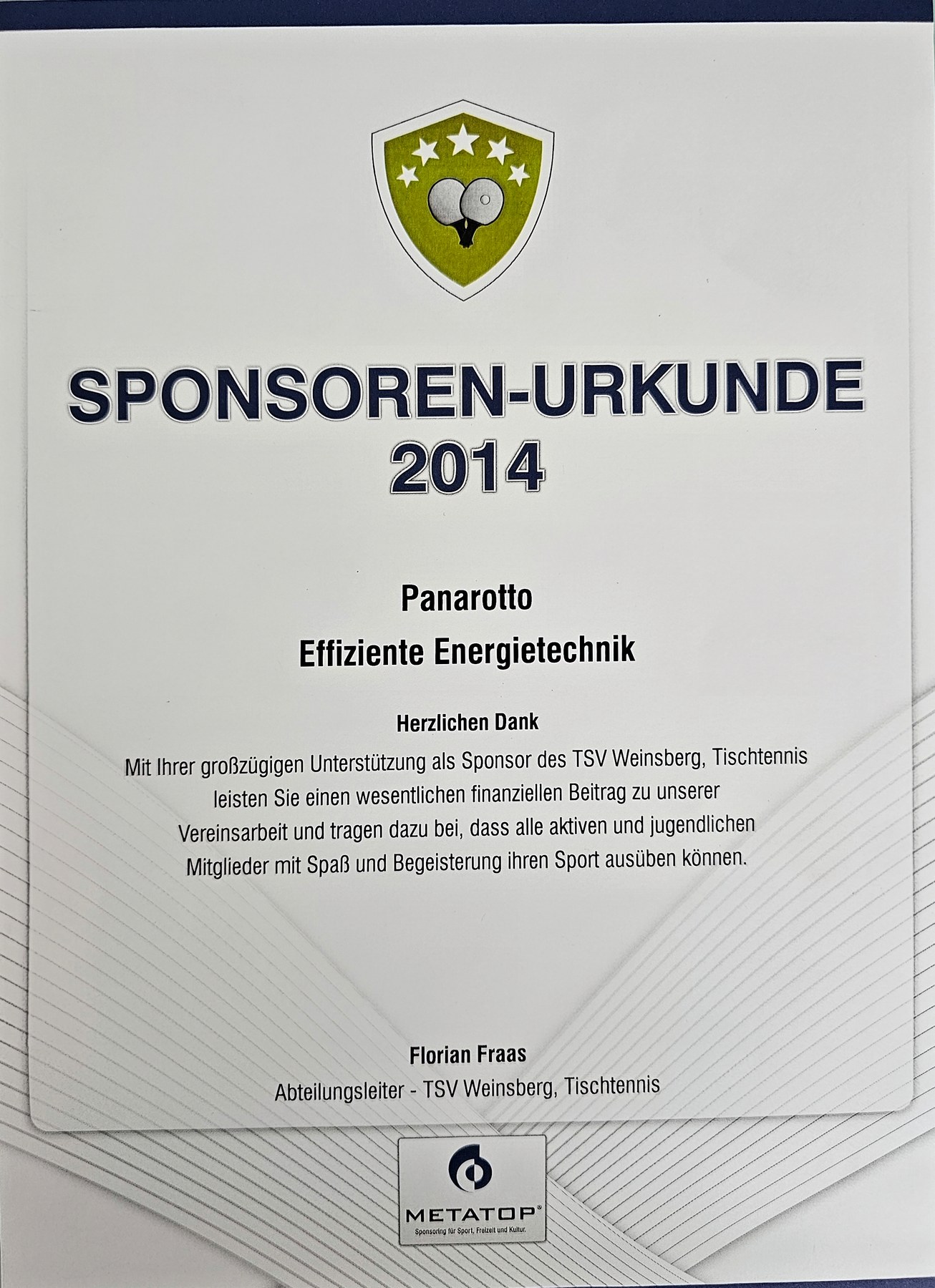 Sponsoren-Urkunde 2014